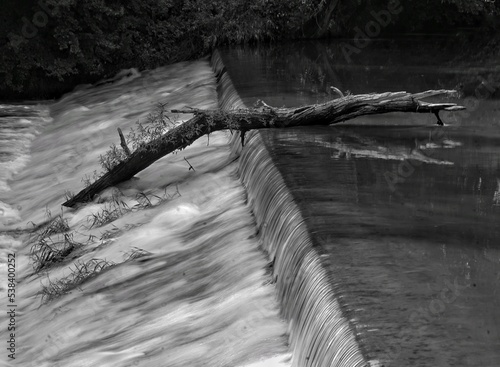 Schwarzweiß - Foto eines großen Astes auf bewegtem Wasser am Rand eines Mühlteiches