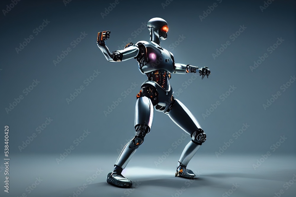 Cyborg 3D illustration with dramatic futuristic lighting in an action position Poster design with copy space Cyborg 3D illustration with dramatic futuristic lighting in an action position Poster design with copy space