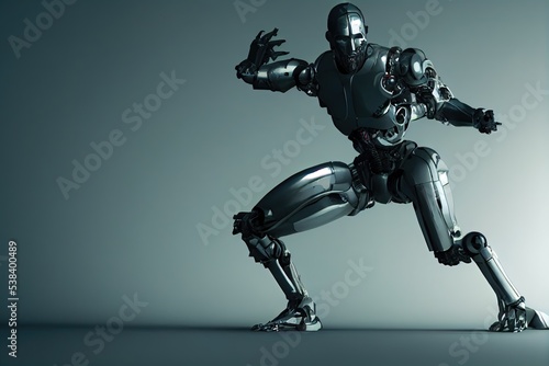 Cyborg 3D illustration with dramatic futuristic lighting in an action position Poster design with copy space 