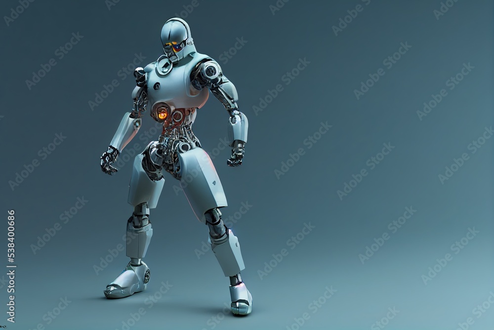 Cyborg 3D illustration with dramatic futuristic lighting in an action position Poster design with copy space Cyborg 3D illustration with dramatic futuristic lighting in an action position Poster design with copy space