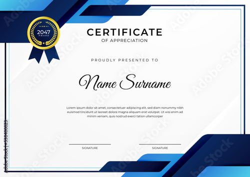 Certificate of achievement blue template design with gold badge and border for business, award, honor and school