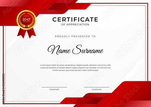 Certificate of achievement red template design with gold badge and border for business, award, honor and school