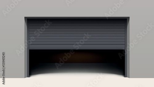 half open black garage door grey wall