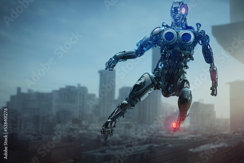 Cyborg 3D illustration with dramatic futuristic lighting in an action position Poster design with copy space 