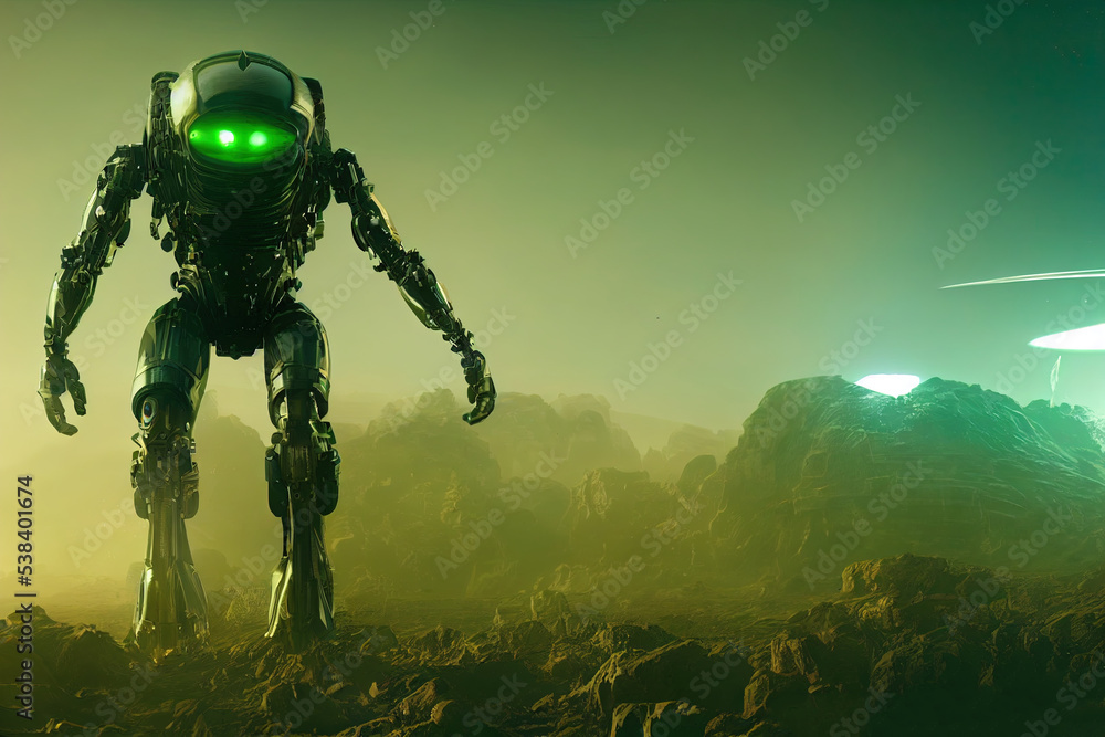 Fototapeta premium Cyborg 3D illustration with dramatic futuristic lighting in an action position Poster design with copy space 