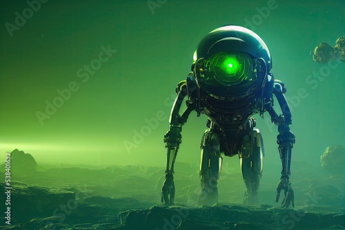 Cyborg 3D illustration with dramatic futuristic lighting in an action position Poster design with copy space 