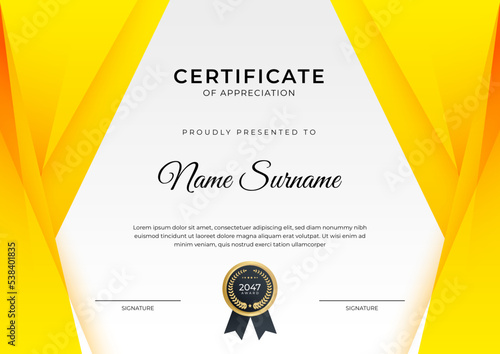 Certificate of achievement orange yellow template design with gold badge and border for business, award, honor and school