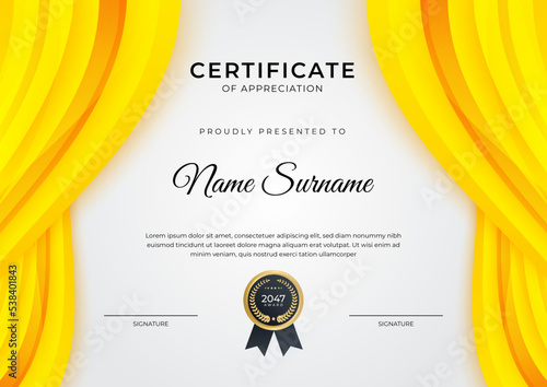 Certificate of achievement orange yellow template design with gold badge and border for business, award, honor and school