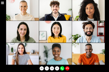 Laptop screen with diverse millennial young people having a video call - Group of multiracial teenagers from different ethnics connected on virtual meeting conference - Webcam PC screen view