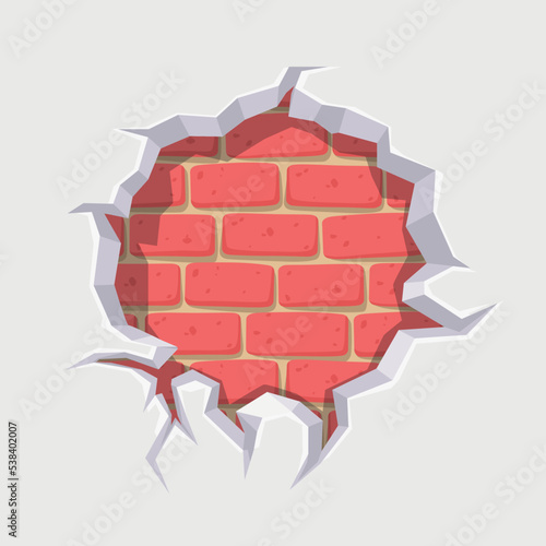 white wall with cracked hole brick back