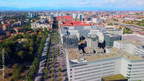 Aerial view of a group of buildings, University of Bicocca Sociological Research Zone. New buildings in the city. Theater Archimboldi Alla Scala. Residential complex Milan, Italy, 07.2022 photo