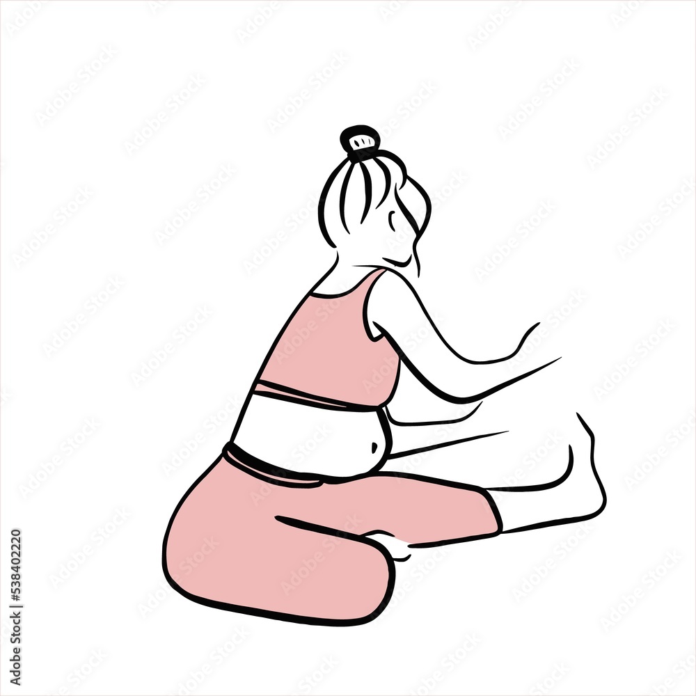 Obraz premium pregnant woman practices yoga. sport. bodypositive. pregnancy. Birth of a child. Young mom. Stretching. strengthening of the back muscles. kegel exercises.