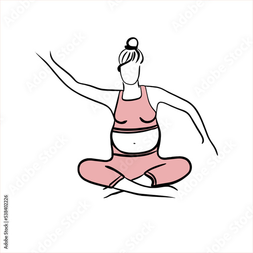 pregnant woman practices yoga. sport. bodypositive. fat person. pregnancy. Young mom. Stretching. strengthening of the back muscles. kegel exercises. flat design concept. Pregnant motherhood