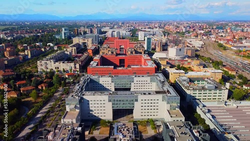Aerial view of a group of buildings, University of Bicocca Sociological Research Zone. New buildings in the city. Theater Archimboldi Alla Scala. Residential complex Milan, Italy, 07.2022 photo