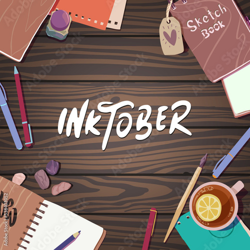 Inktober challenge template in cartoon style for print and design. Vector illustration.