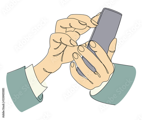 Silhouettes of human hands with a telephone in a modern one line style. Continuous line drawing, aesthetic outline for home decor, posters, wall art, stickers, logo. Vector illustration.