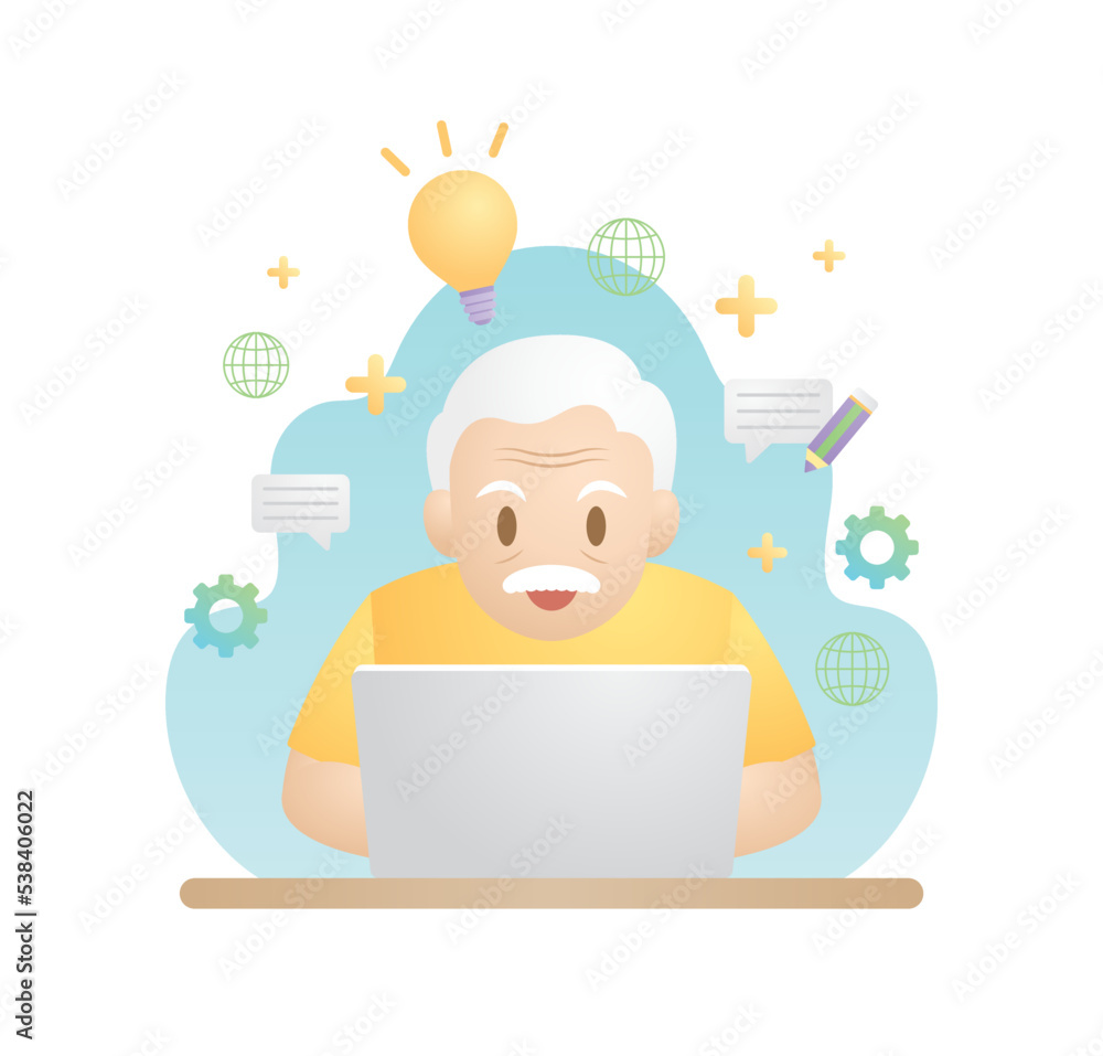happy elderly man is using laptop for working or learning illustration vector happy elderly man is using laptop for working or learning illustration vector