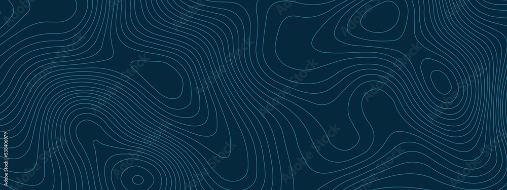 Navy blue wavy abstract topographic map contour, lines Pattern background. Topographic map and landscape terrain texture grid. Wavy banner and color geometric form. Vector illustration.