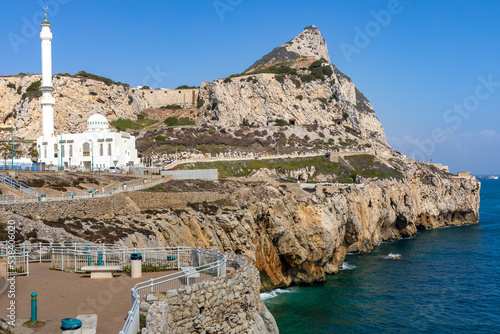Rock of Gibraltar and Mosque seen from Europa Point in Gibraltar, a British overseas territory.
