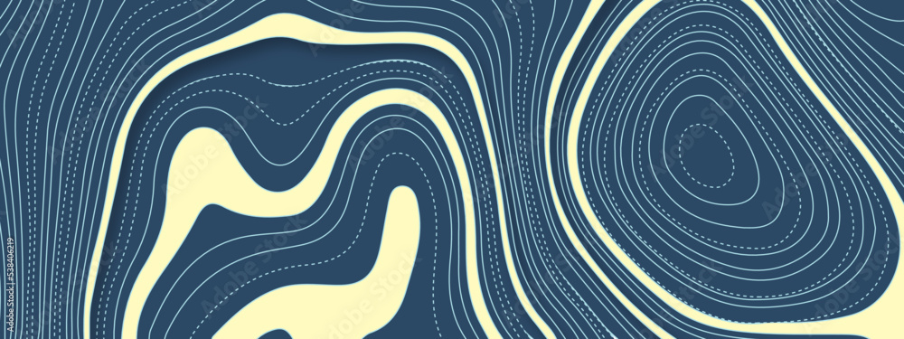 Navy blue and yellow wavy abstract topographic map contour, lines Pattern background. Topographic map and landscape terrain texture grid. Wavy banner and color geometric form. Vector illustration. Navy blue and yellow wavy abstract topographic map contour, lines Pattern background. Topographic map and landscape terrain texture grid. Wavy banner and color geometric form. Vector illustration.
