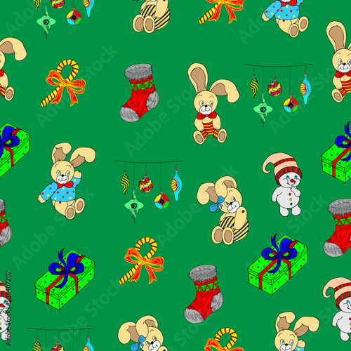 Seamless pattern with Christmas characters and decorations on a green background. Design of winter children s Christmas holidays for wallpaper  textiles and wrapping paper  vector texture hand-drawn