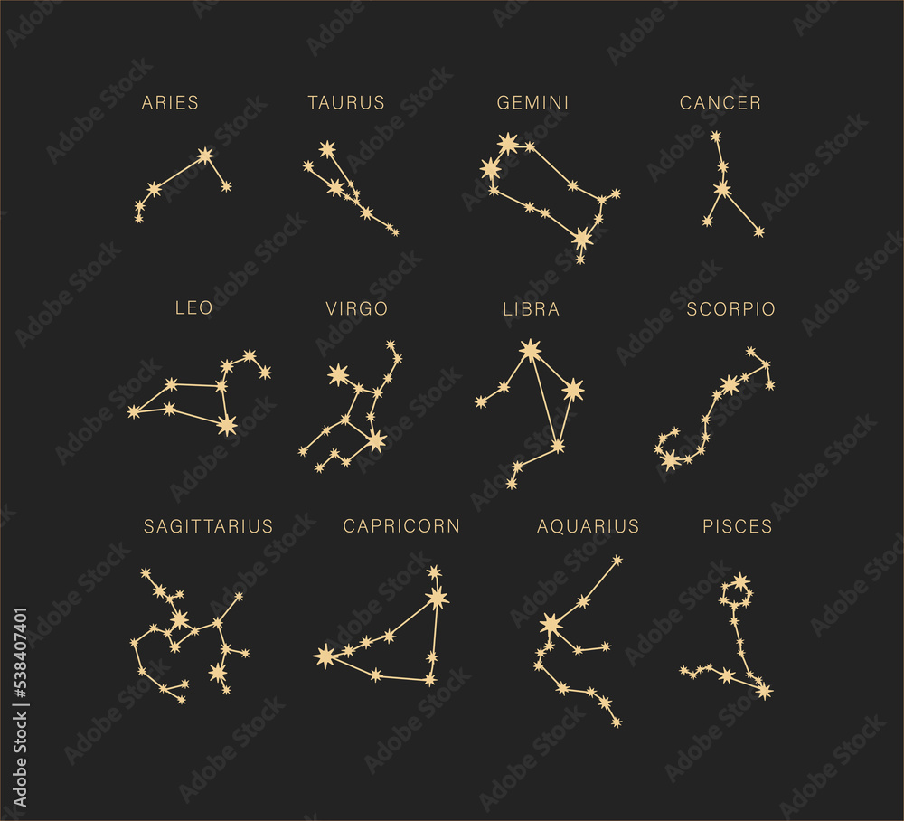 Star signs of the zodiac. Vector illustration. Astrological drawing of the constellations. on a black background.Magic illustration. Star signs of the zodiac. Vector illustration. Astrological drawing of the constellations. on a black background.Magic illustration.