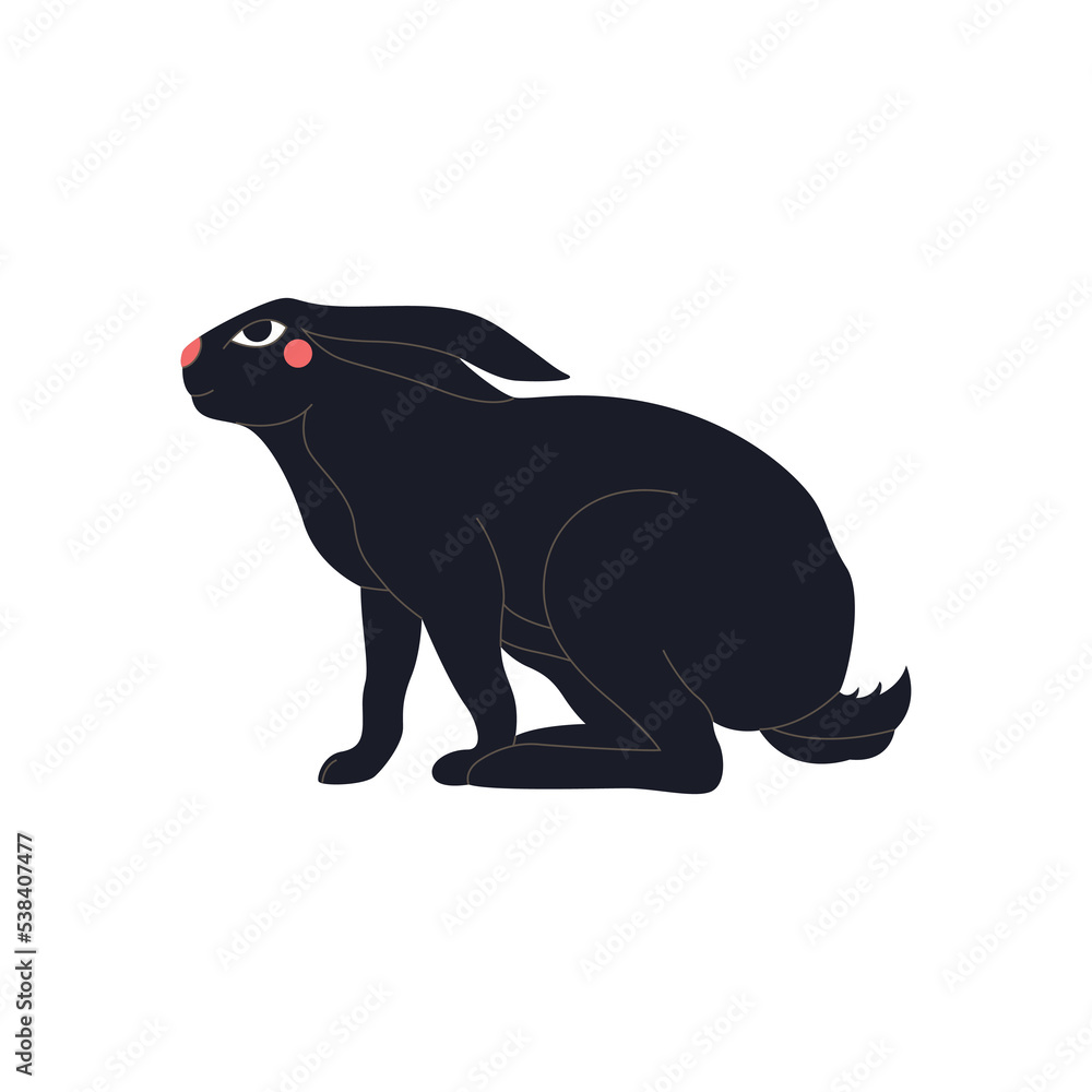 Obraz premium Abstract sitting black rabbit with red cheeks and eyes. Chinese New Year 2023 symbol. Easter bunny black silhouette, mystic hare, astrological, botanical, esoteric. Hand drawn vector illustration.