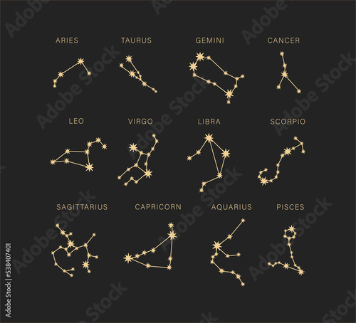 Star signs of the zodiac. Vector illustration. Astrological drawing of the constellations. on a black background.Magic illustration.