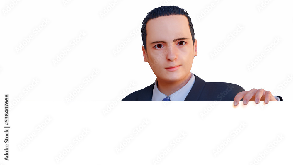 businessman holding white panel presenting display page on transparent background 3D illustration businessman holding white panel presenting display page on transparent background 3D illustration