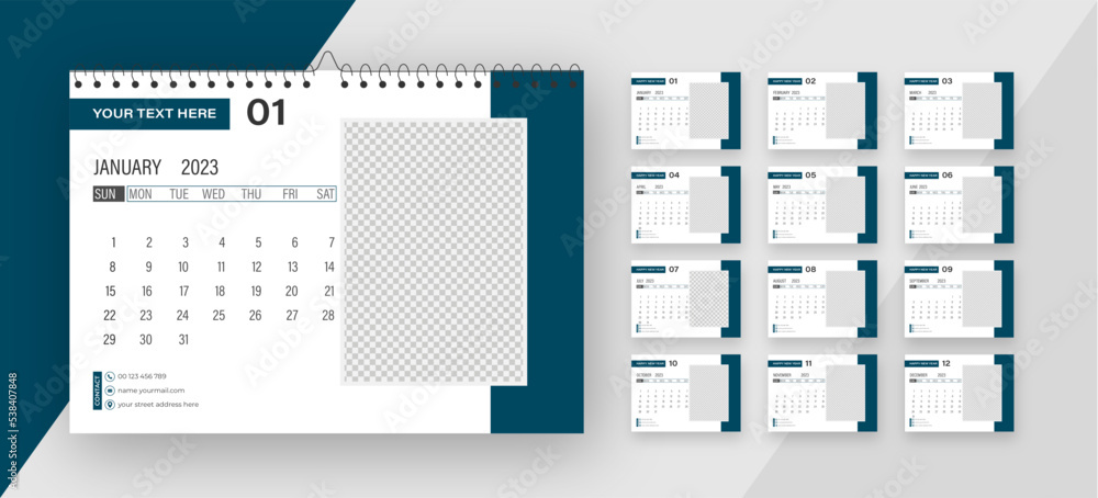 Desk Monthly Photo Calendar 2023. Simple monthly horizontal photo calendar Layout for 2023 new year in English. Cover Calendar and 12 months templates. Desk Monthly Photo Calendar 2023. Simple monthly horizontal photo calendar Layout for 2023 new year in English. Cover Calendar and 12 months templates.