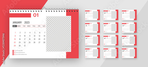 Desk Monthly Photo Calendar 2023. Simple monthly horizontal photo calendar Layout for 2023 new year in English. Cover Calendar and 12 months templates.