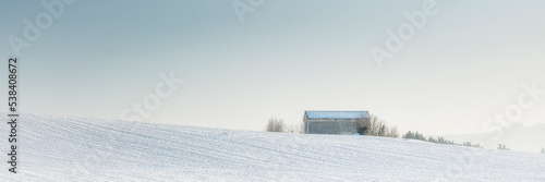 Winter landscape with a hermitage surrounded by snow.
