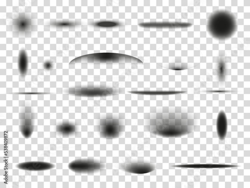 Ball floor shadow. Shade effects. White 3D pack. Circular gradient objects. Realistic circle and ellipse graphic shapes. Drops bottom. Dark spots set. Vector transparent background