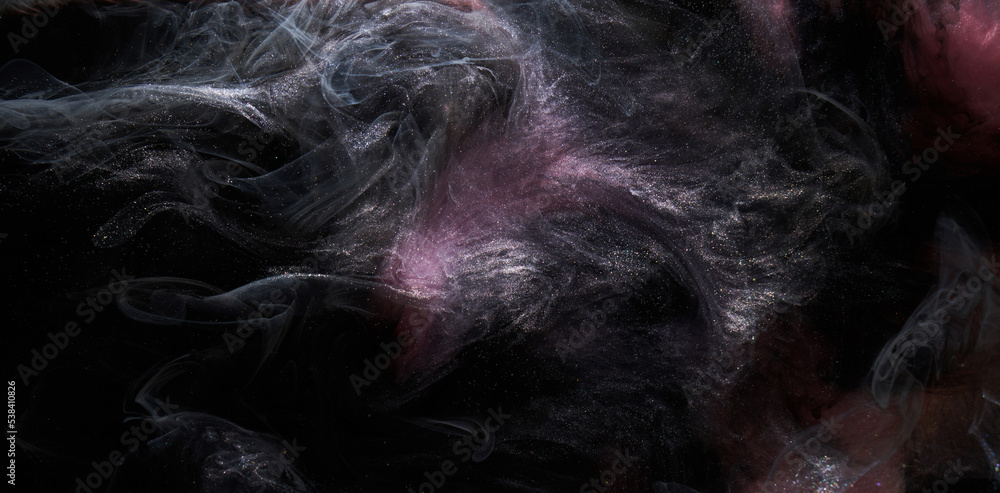 Fototapeta premium Multicolored dark abstract background, luxury black smoke, acrylic paint underwater explosion, cosmic swirling ink