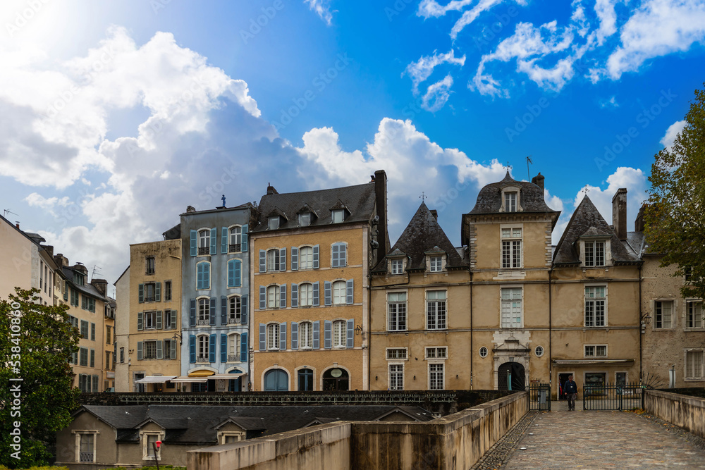 Facades of buildings facing the castle of Pau, in Béarn, in New Aquitaine, France