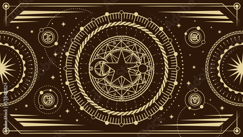 Celestial sun frame, boho circle ornament. Bohemian tattoo, engraving retro art, spiritual crescent. Astrology golden pictogram, moon and stars. Occult poster, vector abstract illustration