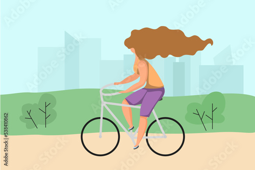 Woman riding on bicycle in park. Cyclist young girl in casual clothes rides on bike. Healthy family poster, outdoor activities, extreme sport, vector cartoon flat style isolated illustration