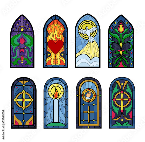 Fantasy stained-glass windows. Book print. Renaissance architecture cathedrals. Art gothic paper. Ancient shapes. Medieval church mosaic glasses set. Vector abstract tidy silhouettes