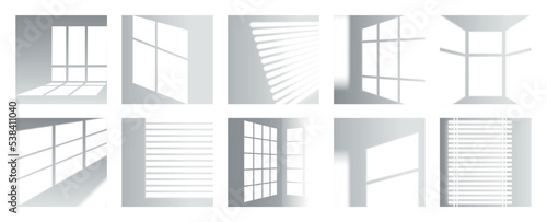 Overlay sun light shadows from window. White wall or floor with black effect. Sunlight shapes. Jalousie overlap shades mockup. Lighting beams in room. Vector abstract backgrounds set