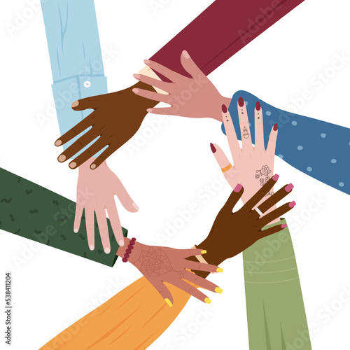 Culture diverse. Women racial equal. Feminism empower. Female race face. Respect for color skin. Multicultural people holding arms. Community unity or solidarity. Vector illustration icons