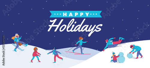 Let it snow. Winter vacation. Kids make snowman and play snowballs. Season collection. Children activities in park city. Skiing sport. People ride on sleigh. Vector illustration concept