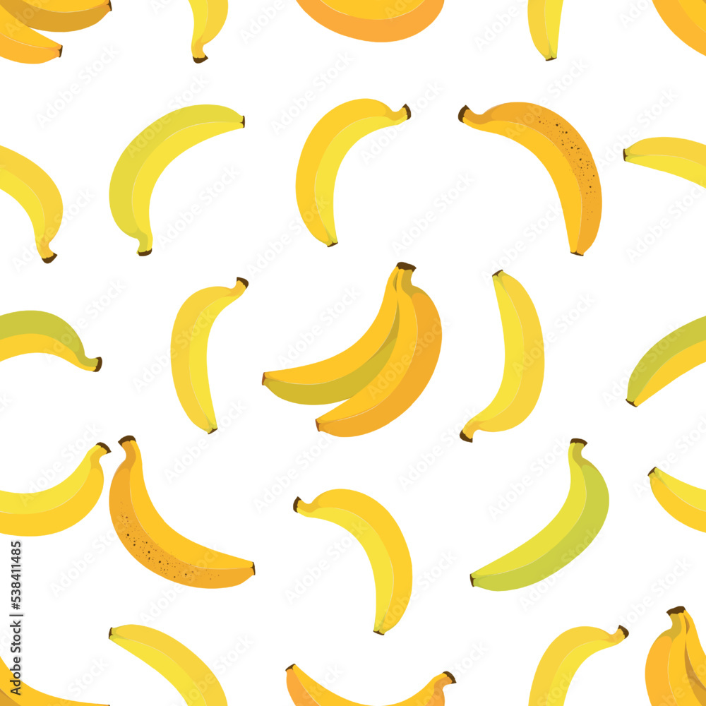 Banana pattern, cute doodle texture. Funky wallpaper, fun geometric fruits, bright pop paper. Various yellow whole plants, simple tropical vegetarian seamless background, vector illustration