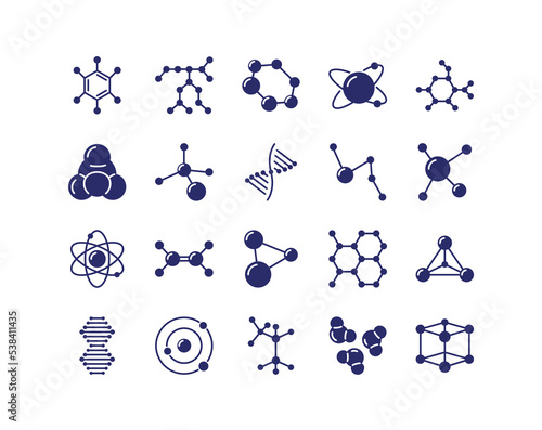 Molecular formula structure set, substance icons. Bio line chemistry particle, scientific atoms and DNA. Physics and genetics research pictogram elements. Vector flat graphic illustration