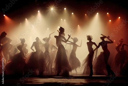 Billede på lærred Digital illustration featuring silhouettes of cabaret and burlesque dancers on stage
