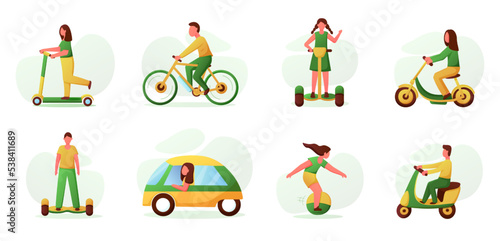 Electric car. Ecological vehicles. Motorcycle and bicycle. Transport battery icons. People on scooters. Persons drive hoverboards. Eco friendly automobiles set. Vector flat illustration