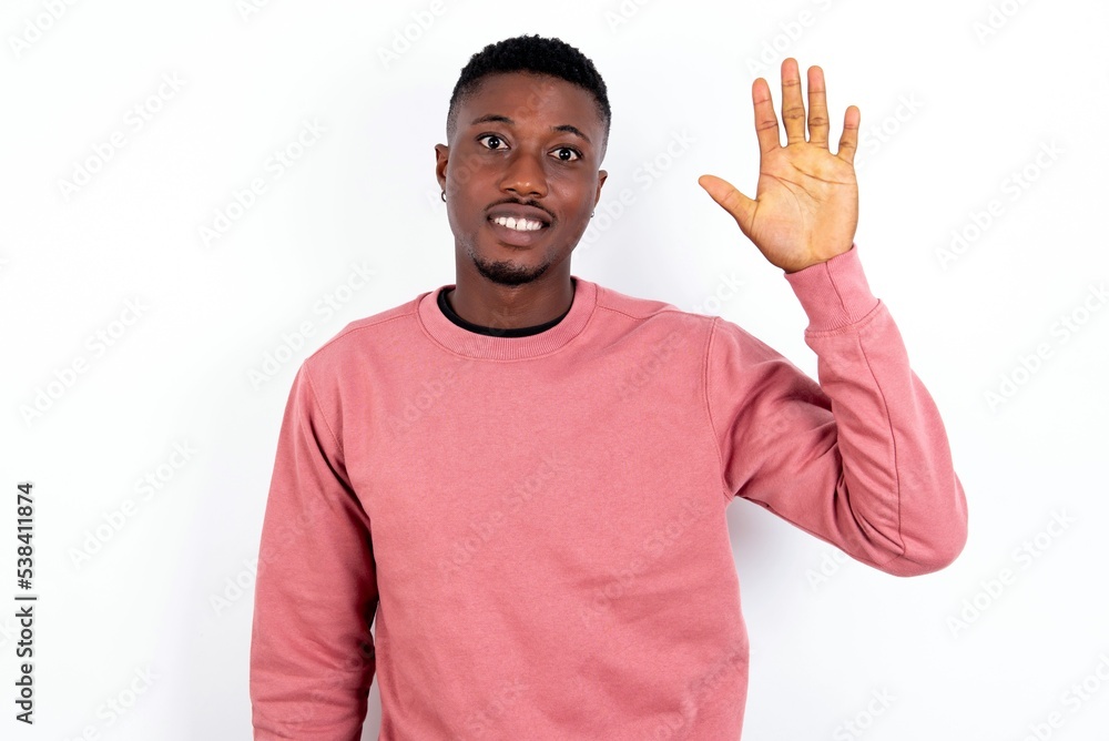 young handsome man wearing pink sweater over white background showing and pointing up with fingers number five while smiling confident and happy. young handsome man wearing pink sweater over white background showing and pointing up with fingers number five while smiling confident and happy.