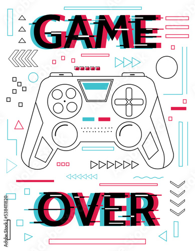 Game over poster. Video gaming joystick. Contour gamepad and glitch lettering. Play arcade. Line elements. Cyber sport. Entertainment technology. Console with buttons. Vector banner