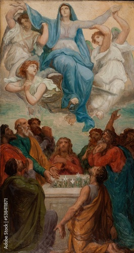 assumption of the virgin mary with twelve apostles painting