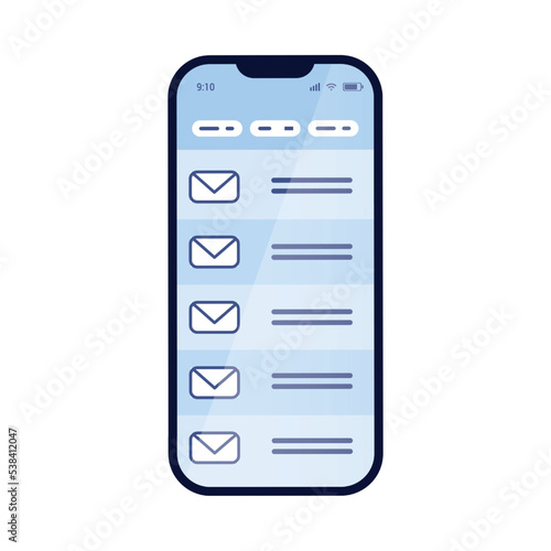 Table top view. Smartphone screen. Mobile device mailing application. Working correspondence. Phone postal app. Gadget messenger interface. Vector workplace isolated cartoon element