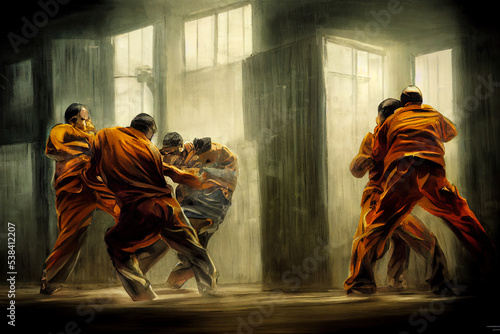 Fényképezés Digital concept wallpaper of inmates inside of jail fighting between themselves